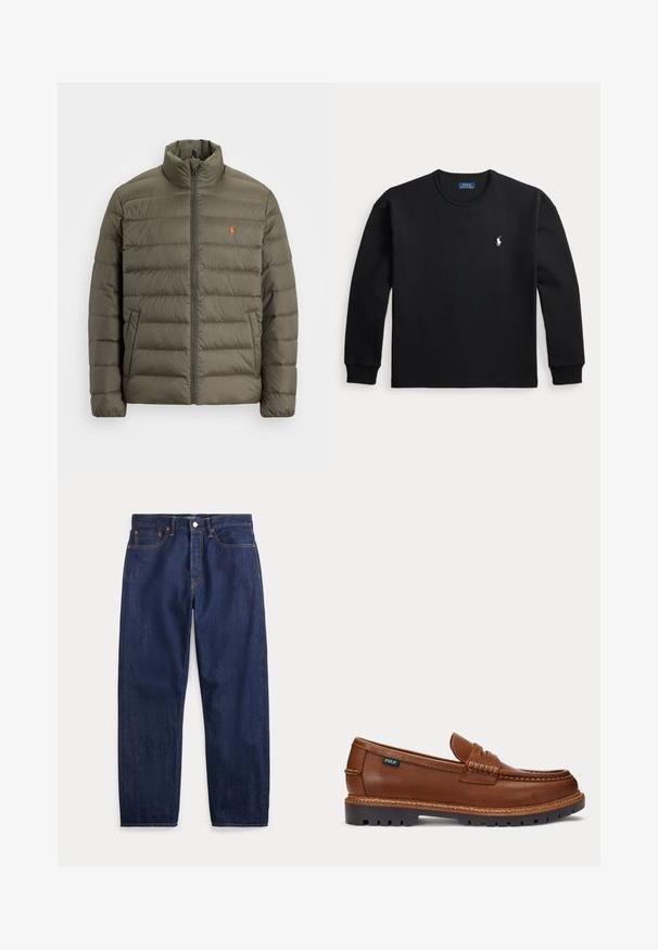 Olivegrøn pufferjakke, lynlås foran, højt krave, horisontalt quiltet mønster, lomme på venstre side, lille orange logo på brystet.; Sort langærmet rundhalset skjorte med lille hvid Polo Ralph Lauren-logo på venstre bryst og ribbet manchetter.; Mørkeblå denimjeans med lige ben, fem lommer, knaplukning og synlige syninger.; Brun læderloafer med syninger, robust sort sål og lille "Polo" mærkat på siden.