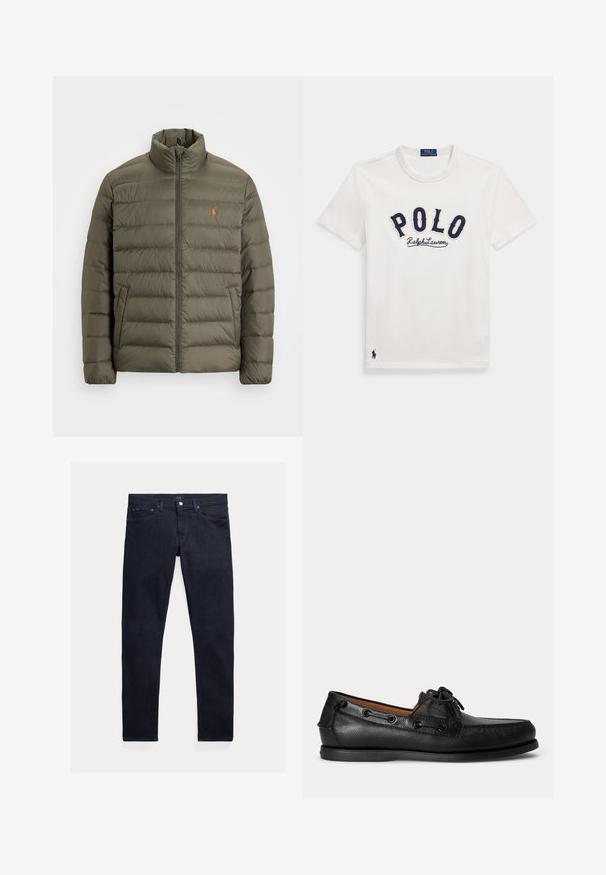 Olivgrüne Pufferjacke, Reißverschluss vorne, hoher Kragen, horizontales Steppmuster, Taschen auf der linken Seite, kleines oranges Logo auf der Brust.; Weißes kurzärmeliges T-Shirt mit marineblauem "POLO Ralph Lauren"-Text auf der Brust und einem kleinen navyfarbenen Polo-Spieler-Logo nahe dem Saum.; Dunkelblaue Denim-Jeans mit schmaler Passform. Mit fünf Taschen, einem Reißverschluss und einem metallischen Knopfverschluss. Glatte Oberfläche mit minimalem Ausbleichen.; Schwarzer Ledermokassin mit Schnürdetail und flacher Gummisohle, seitlich auf hellem Hintergrund gezeigt.