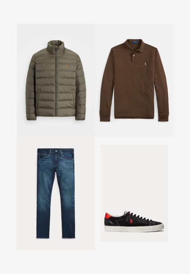 Olivgrüne Pufferjacke, Reißverschluss vorne, hoher Kragen, horizontales Steppmuster, Taschen auf der linken Seite, kleines oranges Logo auf der Brust.; Braunes langärmliges Polohemd aus weichem Stoff, mit einer Knopfleiste mit drei Knöpfen und einem goldfarbenen, gestickten Logo auf der linken Brust.; Dunkelblaue Slim-Fit-Jeans mit vorderem Knopf und Reißverschluss, fünf Taschen sowie dezenter Verfärbung an den vorderen Oberschenkeln und Knien.; Schwarze Wildleder-Sneaker mit weißen Schnürsenkeln, roten Akzenten an der Ferse und einem kleinen roten Logo. Sie verfügen über eine flache Gummisohle und einfache Nähte.