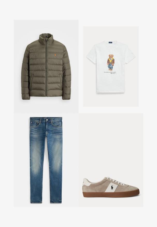 Olivgrüne Pufferjacke, Reißverschluss vorne, hoher Kragen, horizontales Steppmuster, Taschen auf der linken Seite, kleines oranges Logo auf der Brust.; Weißes Baumwoll-T-Shirt mit einer Grafik eines gekleideten Cartoon-Bären. Auffällige Details sind eine braune Jacke, eine gelbe Kapuzenjacke und blaue Jeans.; Blaue, verwaschene Slim-Fit-Jeans mit Knopf- und Reißverschluss, vorne mit Haupt- und kleinem Münztaschen, flach auf weißem Hintergrund liegend dargestellt.; Beiger Wildleder-Sneaker mit niedrigem Schaft, weißen Schnürsenkeln, weißem Lederakzent mit schwarzem Pferdelogo und brauner Gummisohle.