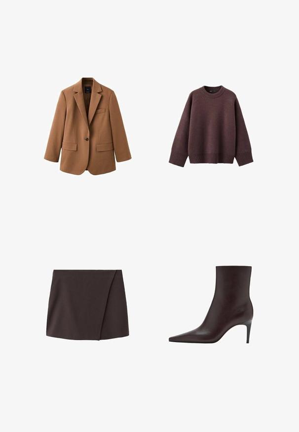 Blazer marron ajusté avec des revers en notch, fermeture à un bouton, deux poches avant et une silhouette élégante et structurée.; Pull ample de couleur bordeaux foncé, en tissu tricoté doux. Il présente un col rond côtelé, de larges manches et un ourlet côtelé.; Mini-jupe asymétrique marron foncé avec un léger chevauchement à l'avant, fabriquée à partir d'un tissu lisse.; Bottes en cuir marron à chevilles avec un bout pointu, tige élégante et un talon fin et haut. Texture lisse, design minimaliste, sans quincaillerie visible.