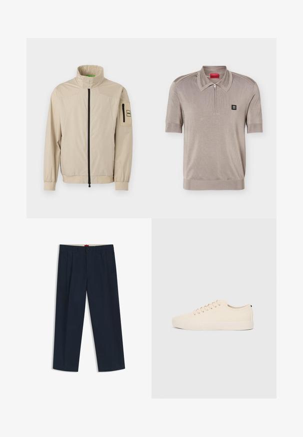 Veste légère beige avec col montant, fermeture éclair noire à l'avant, poignets élastiques, et poche zippée sur la manche gauche avec écusson logo.; Polo à manches courtes brun clair avec un col zippé et un logo Hugo noir en forme de carré sur la poitrine gauche.; Pantalon large bleu marine foncé avec passants pour ceinture, fermeture à bouton et zip à l'avant, et poches latérales, présenté sur fond blanc.; Baskets en toile beige avec bout arrondi, semelle en caoutchouc plate et lacets à l'avant. Présente un design minimaliste et un accent noir contrastant au niveau du talon.