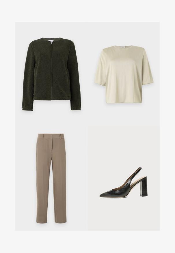 Veste en polaire vert foncé avec des manches longues, un col rond et une fermeture éclair à l'avant, présentée sur un fond blanc.; T-shirt à manches courtes, loose fit en beige clair, avec un col rond et une texture douce, fabriqué à partir d'un matériau léger et lisse.; Pantalon kaki droit avec passants de ceinture et fermeture éclair frontale sur fond blanc.; Chaussure slingback en cuir noir à bout pointu avec un talon bloc haut et une doublure intérieure beige sur un fond clair uni.