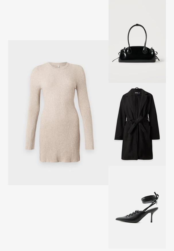 Abrigo negro hasta la rodilla con mangas largas, solapas anchas, dos bolsillos delanteros y un cinturón de tela anudado en la cintura.; Vestido suéter de punto acanalado beige, de manga larga, con cintura ajustada y cuello redondo sobre un fondo blanco.; Zapato de tacón alto negro con punta puntiaguda, con cordones en la parte delantera y correas que rodean el tobillo atadas con un lazo, mostrado de lado sobre un fondo blanco.; Pequeño bolso negro brillante con dos asas largas y detalles de cordón lateral sobre un fondo claro liso.