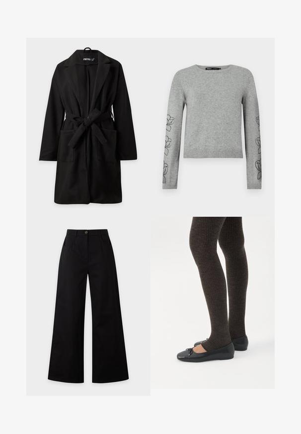 Manteau noir mi-longueur genou avec manches longues, larges revers, deux poches avant et une ceinture en tissu nouée à la taille.; Pull en tricot gris avec manches longues, ourlet côtelé et broderies florales sur les manches. Encolure ronde et matériau texturé.; Pantalon noir à jambes larges avec bouton sur le devant, fermeture éclair et poches latérales sur un fond uni clair.; Jambes portant des leggings côtelés foncés associés à des ballerines noires avec de petits détails en nœud sur fond blanc.