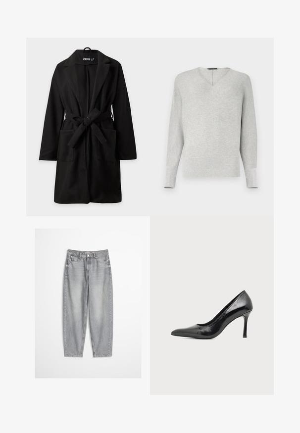 Schwarzer knielanger Mantel mit langen Ärmeln, breitem Revers, zwei Fronttaschen und einem gebundenen Stoffgürtel in der Taille.; Hellgrauer, langärmliger Strickpullover mit dezentem V-förmigem Ausschnitt und gerippten Bündchen sowie Saum.; Hellgraue Denim-Jeans mit hoher Taille, geradem Schnitt, fünf Taschen und verwaschenem Finish, mit sichtbaren Nähten und Knopfverschluss.; Schwarzer Damenspitzschuh aus Lackleder mit spitzer Zehenpartie und schlankem Absatz auf hellem, schlichter Hintergrund.