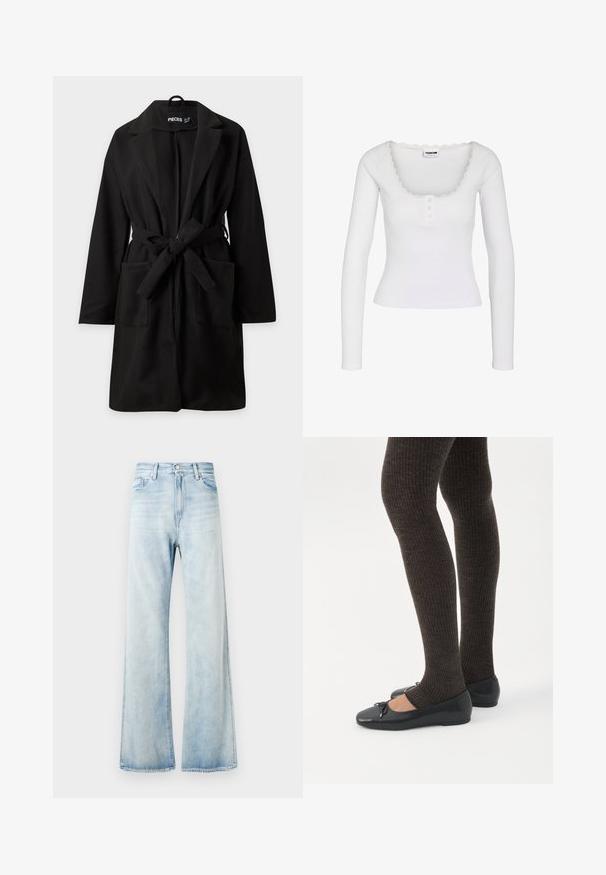 Sort knælang frakke med lange ærmer, brede revers, to forlommer og et stofbånd bundet i taljen.; Hvid langærmet ribbet top med bådudskæring, blondekant og tre små knapper på frontklappen.; Lyseblå denim flare jeans med høj talje, forlommer og knaplukning. Falmet finish med en glat tekstur og opsvingskanter.; Ben iført mørke ribbede leggings kombineret med sorte balletsko med små sløjfedetaljer på hvid baggrund.