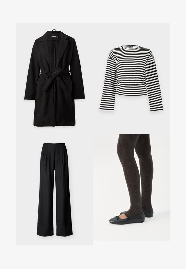 Sort knælang frakke med lange ærmer, brede revers, to forlommer og et stofbånd bundet i taljen.; Sort-hvidt, vandretstribet langærmet cropped top med rund halsudskæring og let rynket taljedetalje.; Sorte bukser med høj talje, vide ben, for-ploer og sidelommer, vist mod en ensfarvet lys baggrund.; Ben iført mørke ribbede leggings kombineret med sorte balletsko med små sløjfedetaljer på hvid baggrund.