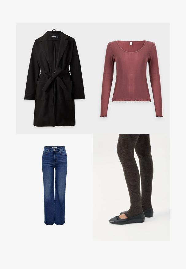 Zwarte mantel tot op de knie met lange mouwen, brede revers, twee voorzakken en een geknoopte stoffen riem in de taille.; Top met lange mouwen in zachtroze, met geribbelde textuur, ronde halslijn, gegolfde zoom en manchetten, gemaakt van zacht gebreid materiaal.; Donkere blauwe spijkerbroek met hoge taille en wijde pijpen, voorzien van een knoopsluiting, vijf zakken en contrasterende stiksel.; Benen met donkere geribbelde leggings gecombineerd met zwarte ballerina's met kleine strikdetails op een witte achtergrond.