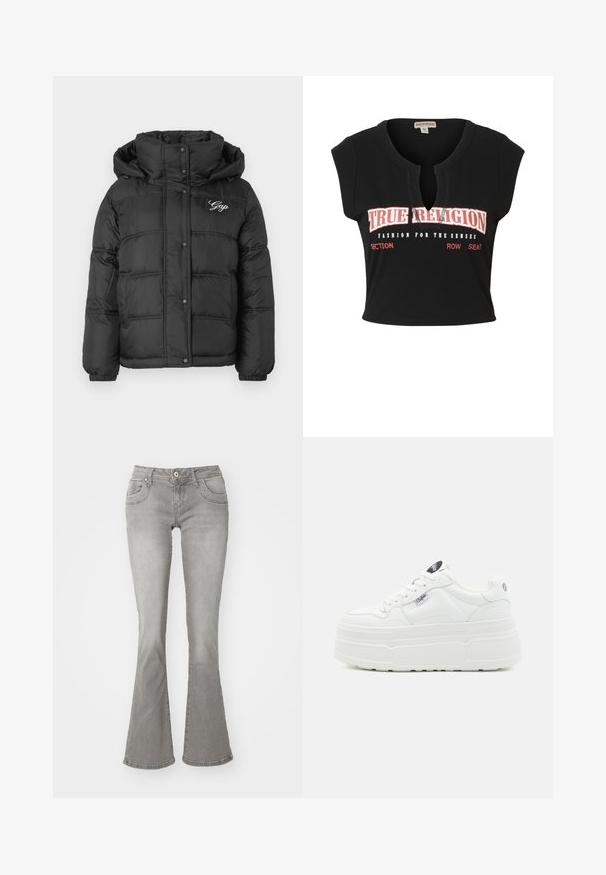 Doudoune noire avec capuche, design matelassé, boutons-pression et poches latérales. Logo "Gap" en blanc sur la poitrine.; Top noir court sans manches avec encolure en V et logo "TRUE RELIGION" en blanc et rouge imprimé sur la poitrine.; Jeans gris évasés avec une taille mi-haute, poches avant et fermeture à bouton, fabriqués en denim avec une texture lisse.; Baskets plateforme blanches avec un extérieur synthétique lisse, un bout arrondi, un col rembourré et une semelle texturée. Présente une étiquette logo contrastante.