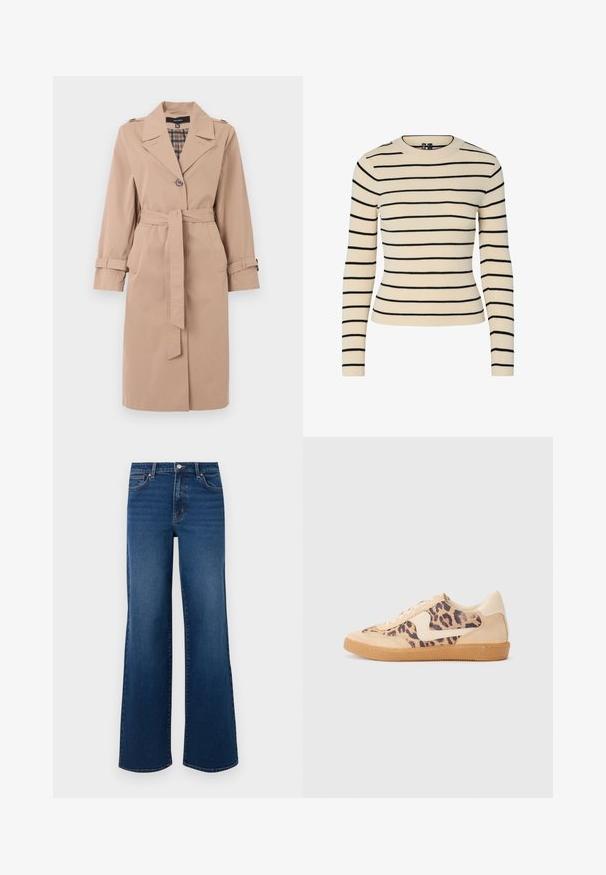 Beige knælang trenchcoat med bælte, enkelt knaplukning, skulderlapper, manchetremme og ternet inderside.; Cremefarvet ribbet sweater med sorte horisontale striber, rund halsudskæring og lange ærmer. Har et tætsiddende design og sømløs tekstur.; Vidde ben denim jeans i mørkeblå med en tekstureret overflade, der har en knaplukning, fem lomme-design og lige kant.; Leopardprint sneakers med beige ruskindsoverdel, tan gummisål og hvide detaljer. Rund pegefinger og snørebåndsdesign med en tekstureret finish.