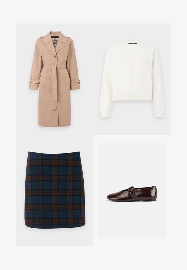 Trench-coat beige jusqu'au genou avec une ceinture, fermeture à un bouton, épaulettes aux épaules, sangles aux poignets et doublure intérieure à carreaux.; Pull blanc cropped en tissu doux avec un col rond, présentant des coutures d'épaule tombantes et un détail de couture verticale sur le devant.; Jupe mini en tartan bleu marine avec des lignes marron et grises, fabriquée dans un tissu lisse, avec une fente discrète au dos pour plus de liberté de mouvement.; Chaussure plate en cuir verni marron foncé avec une large bride à boucle dorée et un bout arrondi, présentée de profil sur fond blanc.