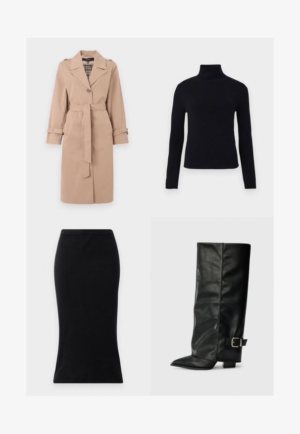 Beige knælang trenchcoat med bælte, enkelt knaplukning, skulderlapper, manchetremme og ternet inderside.; Sort turtleneck sweater med lange ærmer, glat tekstur, tætsiddende design og en tyk ribbet krave, velegnet til lag-på-lag.; Sorte højtaljede blyantskirt lavet af glat stof, med en tætsiddende silhuet og en ren, strømlinet kant uden dekorationer.; Sorte læder ankelstøvler i ankellængde med spids tå, glat tekstur og en sølvspændeaccents på siden. Kraftig firkantet hæl.