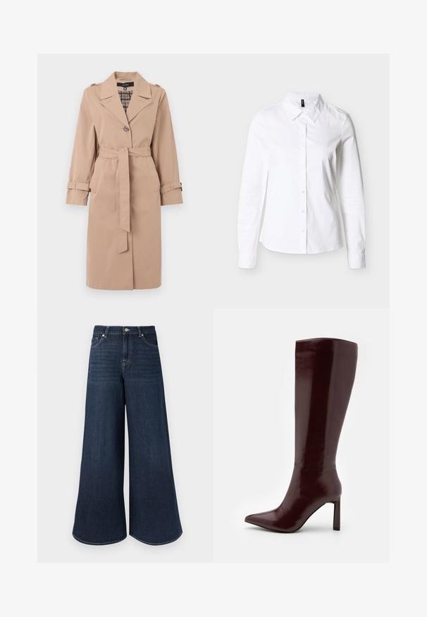 Beige knielanger Trenchcoat mit Gürtel, einfacher Knopfleiste, Schulterklappen, Ärmelriemen und karierter Innenauskleidung.; Weißes langärmeliges Hemd mit Knopfleiste und spitzem Kragen, flach auf einem hellgrauen Hintergrund ausgelegt.; Weit geschnittene Jeans aus dunkelblauem Denim mit hohem Bund, ausgestattet mit gesteppten Details, Knopfverschluss und klassischem Fünf-Taschen-Design.; Even&Odd Stiefel - dark red