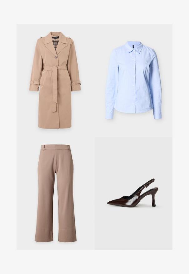 Trench coat beige de longitud a la rodilla con un cinturón, cierre de un solo botón, epaulettes en los hombros, correas en los puños y forro interior de cuadro.; Camisa de mujer azul claro de manga larga con botones, con sutiles rayas verticales blancas y cuello puntiagudo sobre un fondo neutro.; Pantalones marrón claro de pierna ancha con cintura ajustada y trabillas para cinturón, mostrados sobre un fondo liso y claro.; Zapatos de tacón slingback de charol marrón con punta afilada, tacón delgado y correa ajustable con una pequeña hebilla.