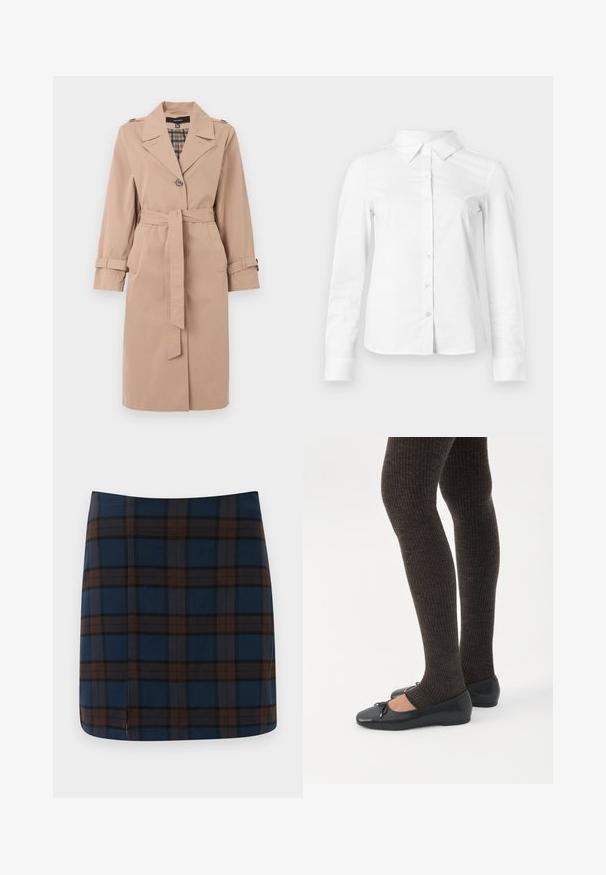 Beige knielanger Trenchcoat mit Gürtel, einfacher Knopfleiste, Schulterklappen, Ärmelriemen und karierter Innenauskleidung.; Weißes langärmeliges Hemd mit spitzem Kragen, geradem Saum und taillierter Silhouette, auf hellem, einfarbigem Hintergrund dargestellt.; Marineblaue karierte Minirock mit braunen und grauen Linien, aus einem glatten Stoff, mit einem subtilen Schlitz hinten für mehr Bewegungsfreiheit.; Beine in dunklen, gerippten Leggings kombiniert mit schwarzen Ballerinas mit kleinen Schleifendetails auf weißem Hintergrund.