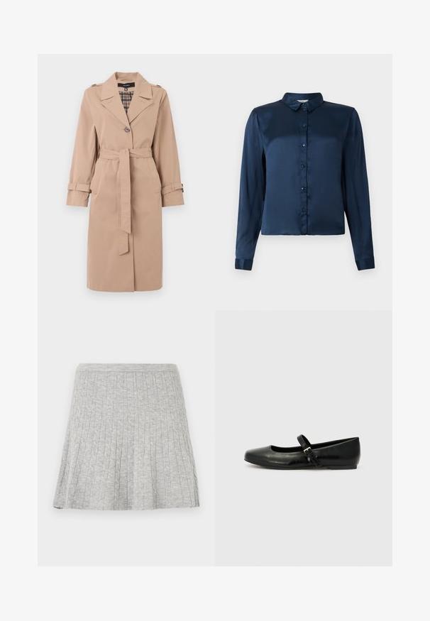Trench-coat beige jusqu'au genou avec une ceinture, fermeture à un bouton, épaulettes aux épaules, sangles aux poignets et doublure intérieure à carreaux.; Chemise à manches longues bleu marine en satin lisse, avec un col et une fermeture à boutons sur le devant. Design simple, sans motifs ni accents.; Jupe tricotée gris clair avec un motif torsadé, courte et légèrement évasée sur un fond uni.; Ballerines en cuir noir avec un bout arrondi, une semelle plate et une fine sangle ajustable sur le cou-de-pied avec une boucle en métal.