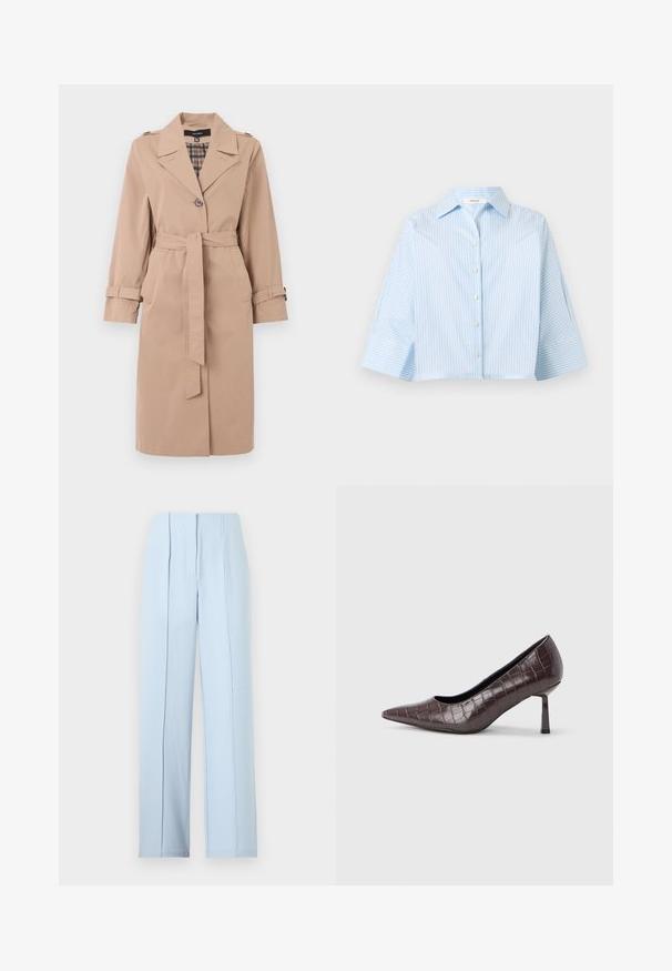 Beige knielanger Trenchcoat mit Gürtel, einfacher Knopfleiste, Schulterklappen, Ärmelriemen und karierter Innenauskleidung.; Hellblaues Hemd mit dünnen weißen vertikalen Streifen und weiten dreiviertel Ärmeln, auf weißem Hintergrund dargestellt.; Hellblaue, hoch taillierte Hose mit weitem Bein, vorne mit Falten und verdecktem Reißverschluss, vor einfarbigem Hintergrund.; Braune Pumps mit spitz zulaufender Spitze aus Kunstleder in Krokodiloptik, mit schlankem, eckigem Absatz und glatter Innenfütterung.