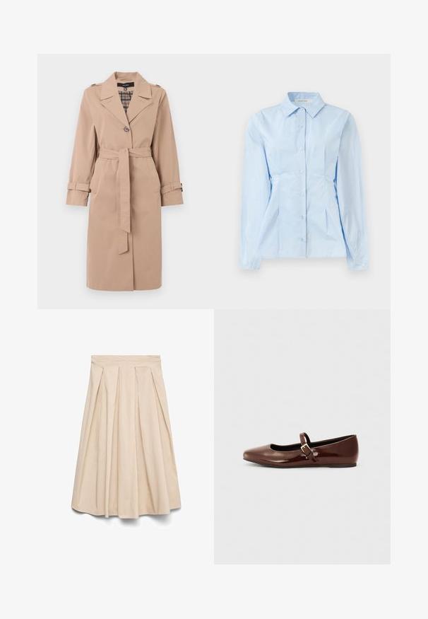 Beige knielanger Trenchcoat mit Gürtel, einfacher Knopfleiste, Schulterklappen, Ärmelriemen und karierter Innenauskleidung.; Himmelblaues, langärmliges Hemd mit Knopfleiste und spitzem Kragen, einfarbigem Stoff und Nähten, die eine taillierte Passform schaffen. Fünf Knöpfe entlang der Vorderseite.; Beiger Midirock mit hoher Taille und vorderen Falten, ausgestellter Silhouette und glattem Stoff.; Braune Lackleder-Ballerinas mit quadratischer Zehenform und Riemen mit einer kleinen goldenen Schnalle. Glatte Textur, niedriger Absatz und minimalistisches Design.