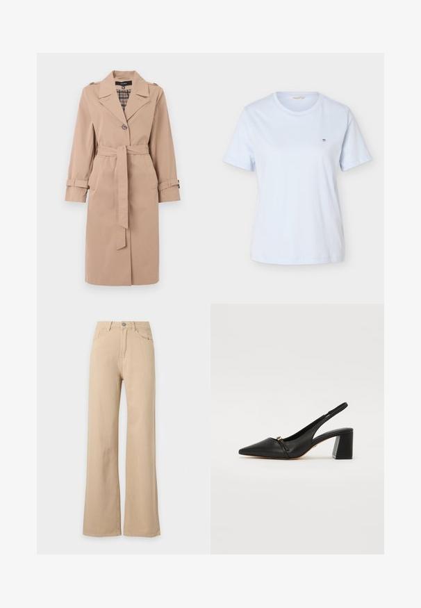 Beige knielanger Trenchcoat mit Gürtel, einfacher Knopfleiste, Schulterklappen, Ärmelriemen und karierter Innenauskleidung.; Schlichtes hellblaues T-Shirt mit kurzen Ärmeln und rundem Ausschnitt, mit kleinem Schild-Logo auf der linken Brust.; Beige Hose mit hohem Bund und weitem Bein, vorne mit Knopfverschluss sowie mit Taschen vorne und hinten, vor weißem Hintergrund dargestellt.; Schwarze Leder-Slingback-Pumps mit spitzem Zehenbereich, schmalem Vorderband und Blockabsatz. Glatte Oberfläche mit goldenen Akzentdetails.