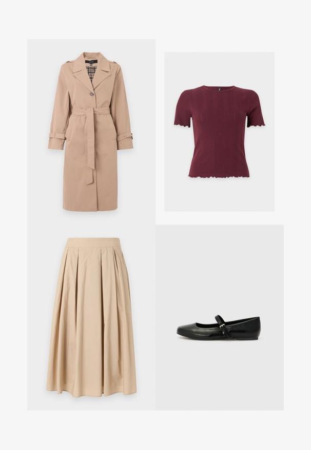 Beige knielanger Trenchcoat mit Gürtel, einfacher Knopfleiste, Schulterklappen, Ärmelriemen und karierter Innenauskleidung.; Burgunderrotes Kurzarm-Stricktop mit wellenförmigen Kanten an Ärmeln und Saum, mit rundem Ausschnitt und feiner vertikaler Textur.; Beiger, knielanger Plisseerock mit breitem Bund aus leichtem Stoff, präsentiert vor einem schlichten weißen Hintergrund.; Schwarze Leder-Ballerinas mit einer runden Spitze, einer flachen Sohle und einem dünnen, verstellbaren Riemen über dem Spann mit einer Metallschnalle.
