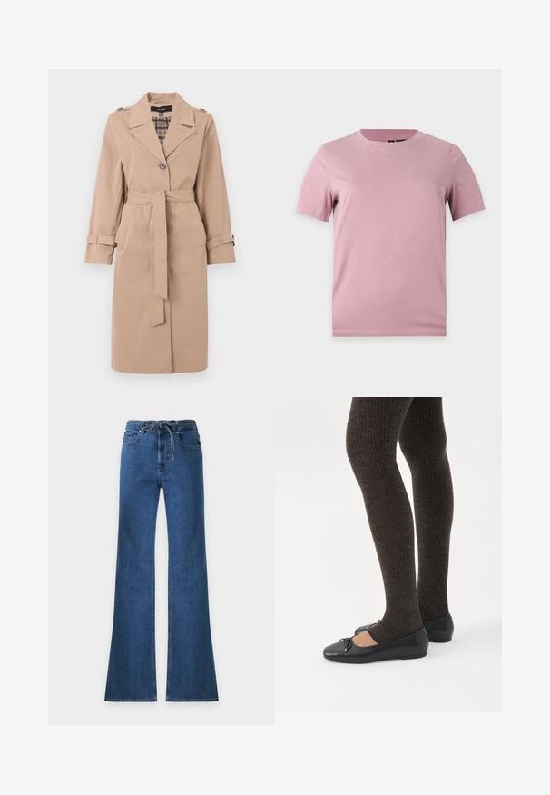 Beige knælang trenchcoat med bælte, enkelt knaplukning, skulderlapper, manchetremme og ternet inderside.; Enkelt kortærmet blød lyserød bomulds-t-shirt med rund hals, vist på en flad lysgrå baggrund.; Blå denimjeans med vide ben, fem lommer og en snøre i taljen, vist på en ensartet lys baggrund.; Ben iført mørke ribbede leggings kombineret med sorte balletsko med små sløjfedetaljer på hvid baggrund.