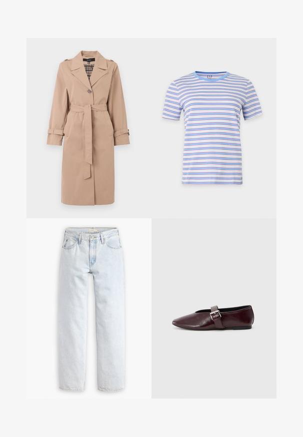 Beige knielanger Trenchcoat mit Gürtel, einfacher Knopfleiste, Schulterklappen, Ärmelriemen und karierter Innenauskleidung.; Kurzärmeliges T-Shirt mit horizontalen blauen, weißen und roten Streifen, blauem Kragen, flach liegend auf weißem Hintergrund.; Hellblaue, gerade geschnittene Jeans mit hoher Taille, die fünf Taschen, einen Knopfverschluss vorne und sichtbare Nähte aufweist.; Burgunderfarbene Leder-Ballettschuhe mit spitzem Schuhkopf, flacher Sohle und einem dekorativen Schnallenriemen quer über dem Spann. Glatte, glänzende Textur.