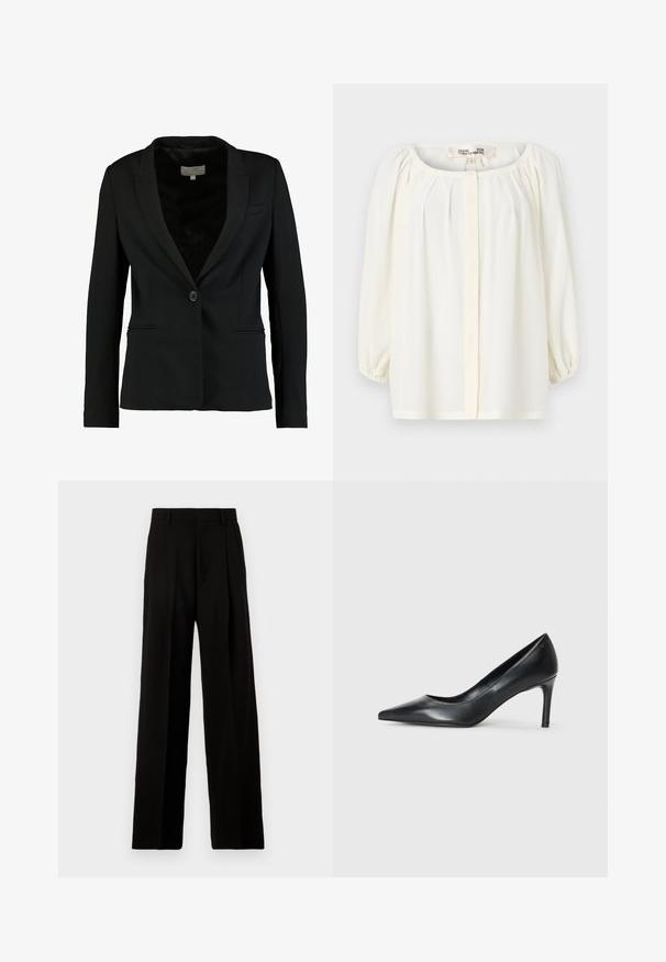 Zwarte blazer van gladde stof, met een enkele knoopsluiting, notch-kraag en twee voorzakken met een getailleerde pasvorm.; Witte blouse met een ronde halslijn, geplooide voorkant en driekwart pofmouwen. Gemaakt van lichtgewicht stof met een zachte textuur.; Zwarte wijde broek van gladde stof, met een hoge taille, plooien aan de voorkant en een schone, op maat gemaakte uitstraling zonder versieringen.; Zwarte leren pump met spitse neus en een slanke hak, gladde textuur en geen zichtbare versieringen. Schoon ontwerp met een minimalistische esthetiek.