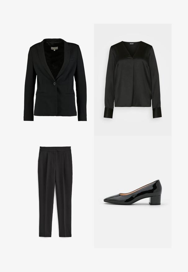 Zwarte blazer van gladde stof, met een enkele knoopsluiting, notch-kraag en twee voorzakken met een getailleerde pasvorm.; PIECES Tall PCSILJA V NECK - Blouse - black; Zwarte broek met een getailleerde pasvorm, voorzien van een platte voorkant, twee zijzakken en een strakke, naadloze uitstraling. Gemaakt van een gladde, ademende stof.; Zwarte gepoetste leren pump met een spitse neus en een blokhak. Glad textuur met een glanzende afwerking. Minimalistisch ontwerp, geen zichtbare versieringen.