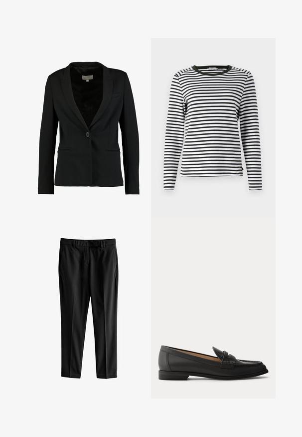 Schwarzer Blazer aus glattem Stoff mit einem Einzelknopfverschluss, Reverskragen und zwei vorderen Taschen in taillierter Passform.; Langarmshirt in Schwarz-Weiß-Streifen mit einem abgerundeten grünen Ausschnitt. Weicher Stoff mit regulärer Passform und geradem Saum.; Next TAILORED SLIM - Stoffhose - black; Schwarzer Damen-Loafer aus Leder mit niedrigem Absatz, abgerundeter Spitze und genähten Details am Obermaterial, von der Seite auf einfarbigem Hintergrund gezeigt.