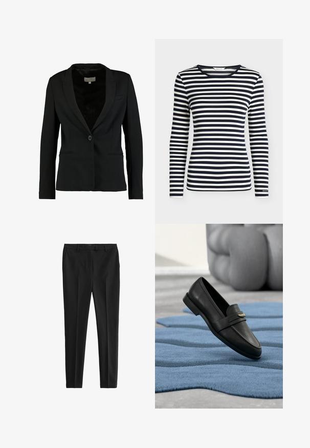 Schwarzer Blazer aus glattem Stoff mit einem Einzelknopfverschluss, Reverskragen und zwei vorderen Taschen in taillierter Passform.; Langarmshirt mit marineblauen und weißen horizontalen Streifen und rundem Ausschnitt, mit GANT-Logo am Ärmelbündchen.; Schwarze, maßgeschneiderte Hose aus glattem Stoff. Mit flacher Vorderseite, Seitentaschen und schmaler Passform. Schlichter, minimalistischer Stil.; Schwarzer Lederloafer mit goldenem Dekodetail auf blauem, strukturiertem Teppich mit abstrakten Formen und verschwommenem, geschwungenem grauen Objekt im Hintergrund.