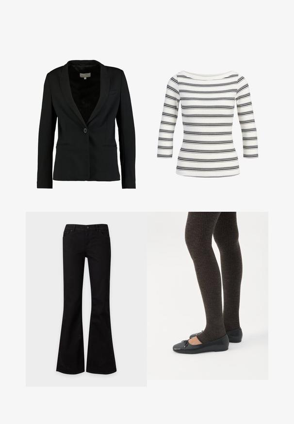 Zwarte blazer van gladde stof, met een enkele knoopsluiting, notch-kraag en twee voorzakken met een getailleerde pasvorm.; Witte geribde gebreide top met zwarte horizontale strepen, driekwartmouwen en een boothals.; Zwarte jeans met hoge taille en uitlopende pijpen, voorzakken, riemlussen en knoopsluiting op een effen lichte achtergrond.; Benen met donkere geribbelde leggings gecombineerd met zwarte ballerina's met kleine strikdetails op een witte achtergrond.
