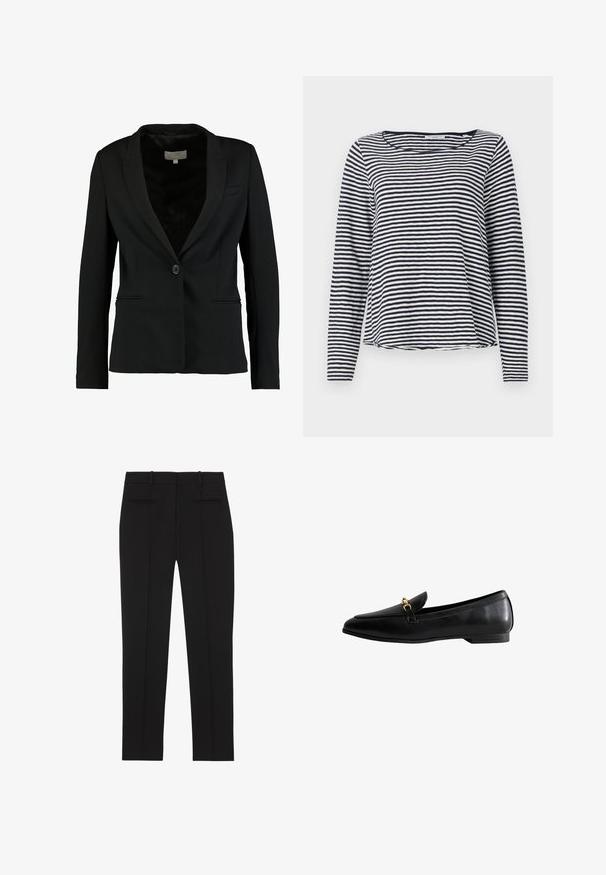 Zwarte blazer van gladde stof, met een enkele knoopsluiting, notch-kraag en twee voorzakken met een getailleerde pasvorm.; Langarmtop in marineblauw en witte strepen, met een ronde halslijn en een losse pasvorm. Gemaakt van een lichtgewicht, gestructureerde stof.; Zwarte, op maat gemaakte broek met rechte pijpen, riemlussen en twee paspelzakken aan de achterkant, ontworpen voor formeel gebruik.; Zwarte leren loafers met een spitse neus, voorzien van een gouden sluiting. De schoen heeft een lage hak en een gladde textuur.