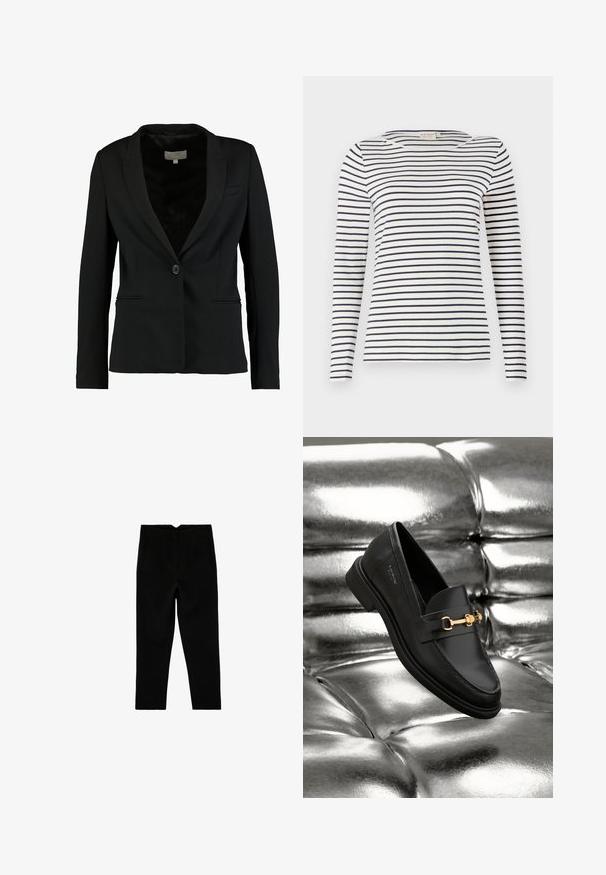 Blazer noir en tissu lisse, doté d'une fermeture à un bouton, de revers crantés et de deux poches avant, avec une coupe ajustée.; Chemise à manches longues rayée en tissu doux, avec des rayures horizontales bleu marine et blanches, un col rond et une coupe ajustée.; Pantalon noir sur mesure longueur cheville avec poches latérales et jambe légèrement fuselée, présenté à plat sur un fond blanc.; Mocassin en cuir noir avec un détail en métal doré. La chaussure présente un design épuré et une texture lisse et brillante.