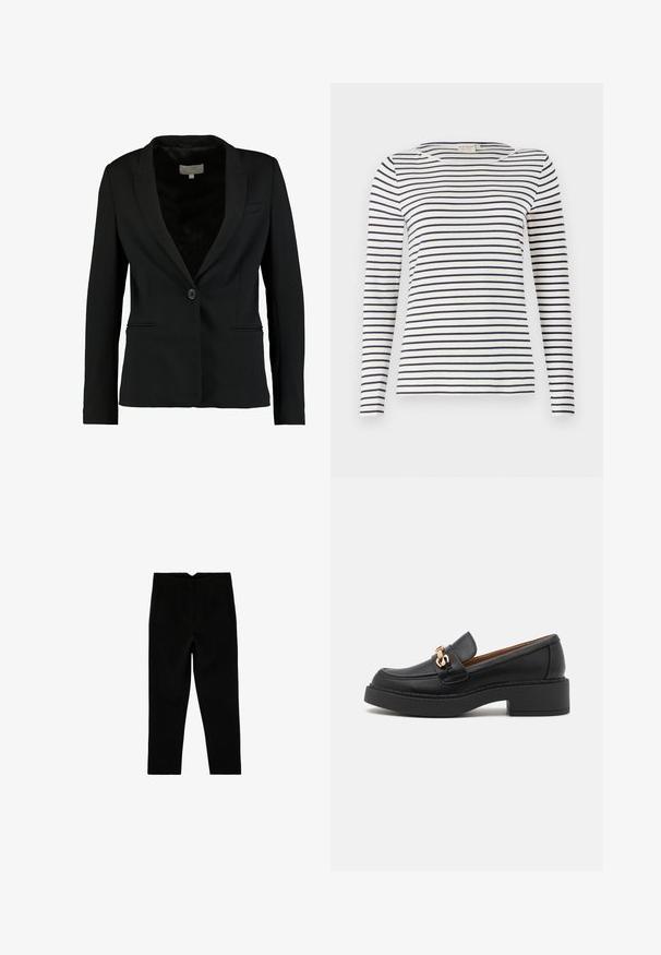 Zwarte blazer van gladde stof, met een enkele knoopsluiting, notch-kraag en twee voorzakken met een getailleerde pasvorm.; Langsleeve gestreepte shirt gemaakt van zachte stof, met navy en witte horizontale strepen, ronde halslijn en een slim-fit ontwerp.; Zwarte op maat gemaakte broek tot aan de enkel met zijzakken en een licht taps toelopende pijp, plat liggend op een witte achtergrond.; Zwarte leren loafer met een chunky plateauzool, voorzien van een goudkleurige kettingaccent en zichtbare stikdetails. Gladde textuur en strak design.