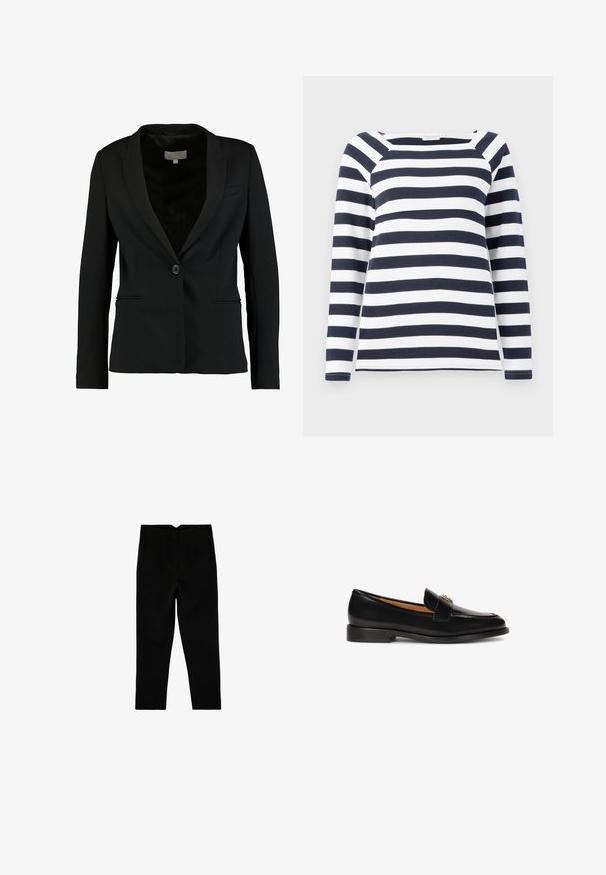 Schwarzer Blazer aus glattem Stoff mit einem Einzelknopfverschluss, Reverskragen und zwei vorderen Taschen in taillierter Passform.; TOM TAILOR STRIPED CARRE NECK - Langarmshirt - lunar eclipse/off white; Schwarze, maßgeschneiderte, knöchellange Hose mit Seitentaschen und leicht zulaufendem Bein, flach auf weißem Hintergrund ausgelegt.; Schwarze Lederloafer mit abgerundeter Zehenpartie, schlanker Silhouette und einem dekorativen Riemen mit metallischen Akzenten auf dem Spann. Flache Gummisohle.