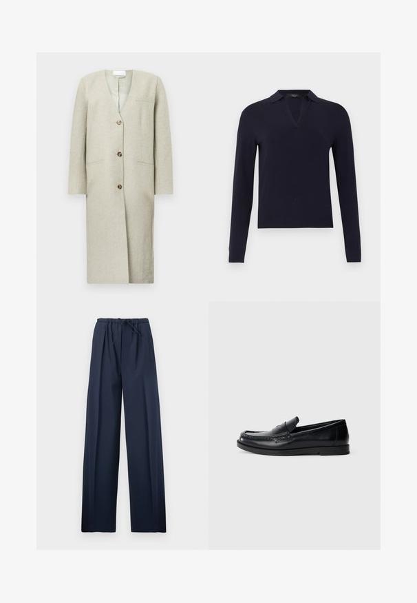 Manteau long gris clair avec un décolleté en V, trois boutons, deux poches latérales et des épaules structurées. Confectionné dans un tissu doux et texturé.; Pull bleu marine à manches longues avec un col en V fendu et des poignets ajustés, présenté sur un fond gris clair uni.; Pantalon large bleu marine avec taille élastique et cordon de serrage ajustable, présenté à plat sur un fond blanc.; Mocassins en cuir noir avec un design d'accent cousu, bout rond, semelle plate en caoutchouc et finition lisse. Silhouette classique et polyvalente.