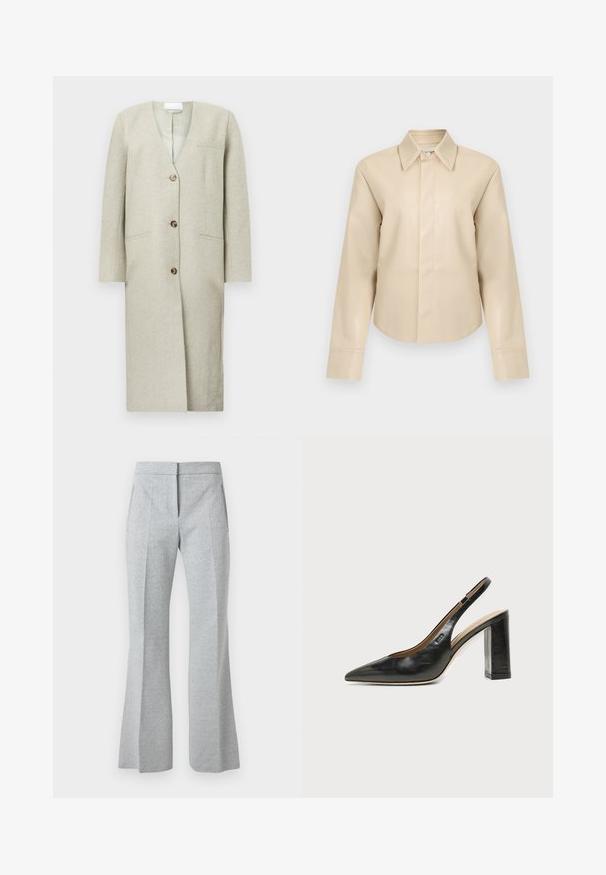 Manteau long gris clair avec un décolleté en V, trois boutons, deux poches latérales et des épaules structurées. Confectionné dans un tissu doux et texturé.; Chemise à manches longues en simili cuir beige avec col pointu et fermeture boutonnée dissimulée à l'avant.; Pantalon gris clair taille haute, taille ajustée avec un motif chevron subtil, pli frontal, poches latérales et jambes légèrement évasées.; Chaussure slingback en cuir noir à bout pointu avec un talon bloc haut et une doublure intérieure beige sur un fond clair uni.