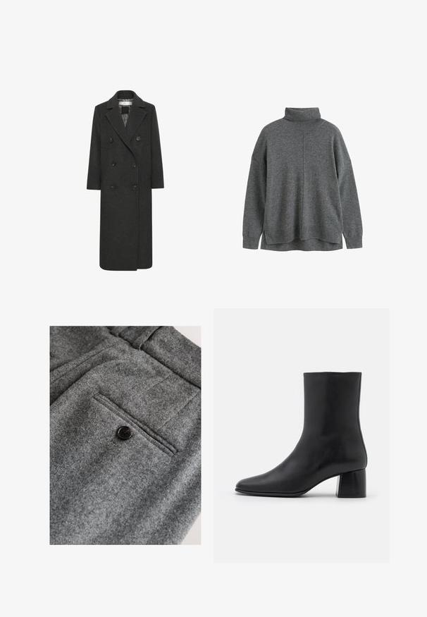 Dubbelzijdige lange jas van donkergrijze wolmix, met een notch-kraag, zes knopen en twee voorzakken. Soepele textuur.; CHINTI & PARKER ROLLNECK SWEATER - Trui - grey; Grijze wollen broek met een platte voorkant, een enkele achterzak met een zwarte knoop en een zachte, gestructureerde afwerking.; Zwarte leren enkelboot met een spitse neus en een chunky vierkante hak. Glad oppervlak met een naadloos ontwerp en minimalistische stiksels.