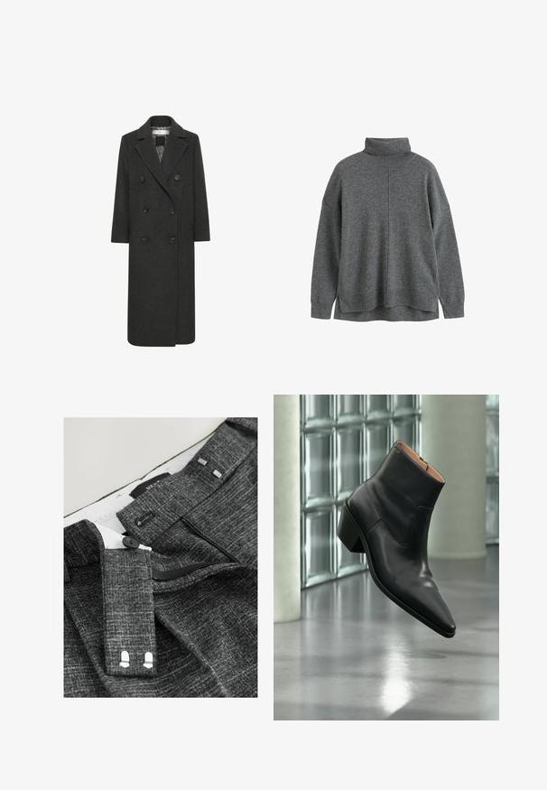Dubbelzijdige lange jas van donkergrijze wolmix, met een notch-kraag, zes knopen en twee voorzakken. Soepele textuur.; CHINTI & PARKER Trui - grey; Grijze, gestructureerde broeken hebben een knoopsluiting, rits en stoffen riemlussen, met een witte voering en uitgesproken stikdetails.; Zwarte leren enkellaars met een spitse neus en blokhak die zweeft boven een reflecterende grijze vloer nabij een glazen blokmuur.
