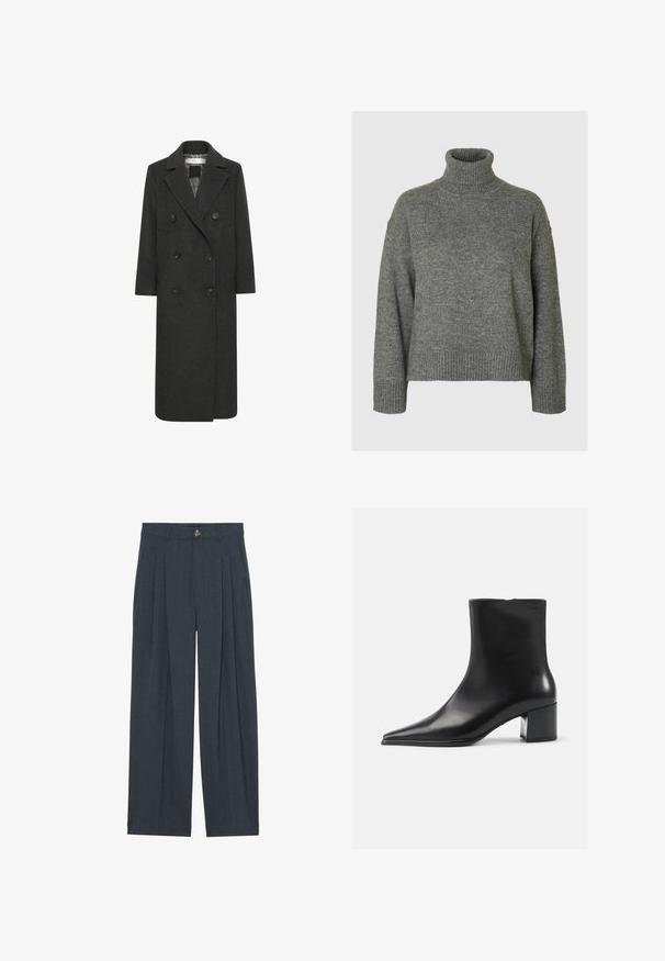Manteau long croisé en mélange de laine gris foncé, avec un col cranté, six boutons et deux poches avant. Texture lisse.; Pull à col roulé gris fabriqué dans un matériau doux et texturé, avec une coupe décontractée. Présente un col, des poignets et un ourlet côtelés. Design simple.; Pantalons larges en tissu texturé gris foncé, avec des plis avant, une fermeture à bouton et des poches latérales pour plus de fonctionnalité.; Bottine en cuir noir avec un bout pointu, texture lisse et un talon bloc moyen. Design minimaliste, fermeture éclair à l'arrière.