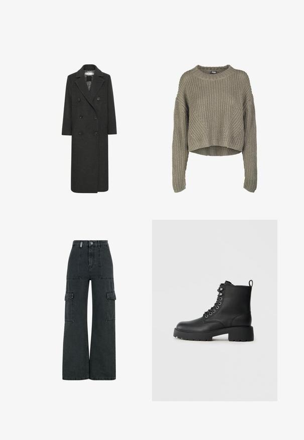Manteau long croisé en mélange de laine gris foncé, avec un col cranté, six boutons et deux poches avant. Texture lisse.; Pull à manches longues en maille épaisse couleur taupe avec col rond côtelé et ourlet légèrement raccourci.; Pantalons cargo en denim noir à jambes larges, avec deux grandes poches latérales, une fermeture à bouton et des détails de couture visibles.; Bottines en cuir noir avec un bout arrondi, un laçage à l'avant et une semelle épaisse à relief. Elles possèdent une languette à l'arrière.