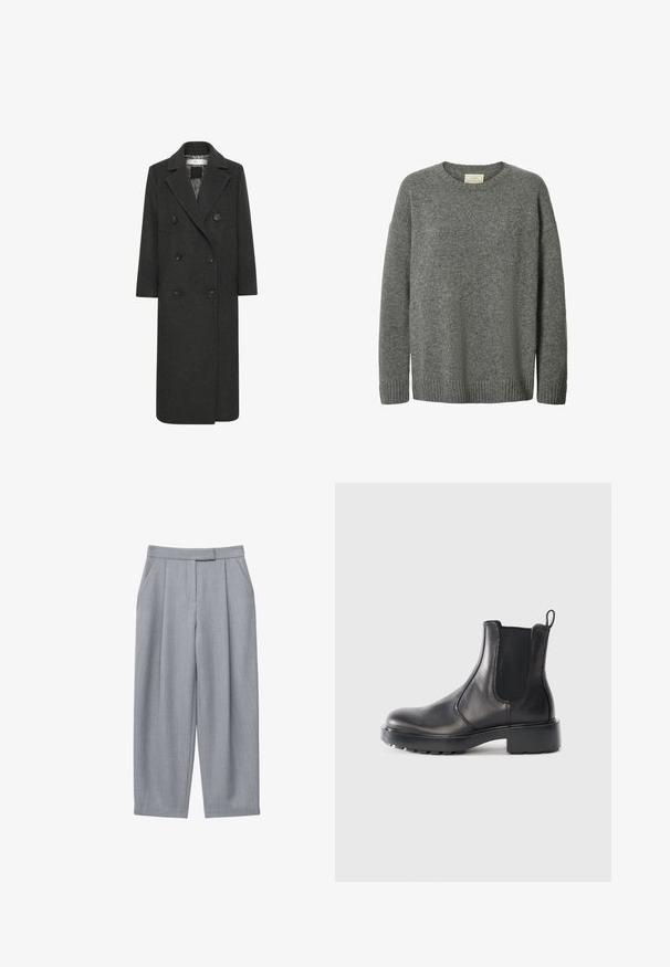 Manteau long croisé en mélange de laine gris foncé, avec un col cranté, six boutons et deux poches avant. Texture lisse.; Pull à col rond en tricot gris à manches longues, avec des bords-côtes aux poignets et à l'ourlet, fabriqué en tissu texturé doux.; Pantalon gris avec un design sur mesure, comprenant des plis, des poches latérales et une coupe droite. Texture lisse et taille mi-haute.; Bottines Chelsea en cuir noir avec panneaux élastiques sur les côtés, bout rond, semelle en caoutchouc épaisse et tirant à l'arrière.