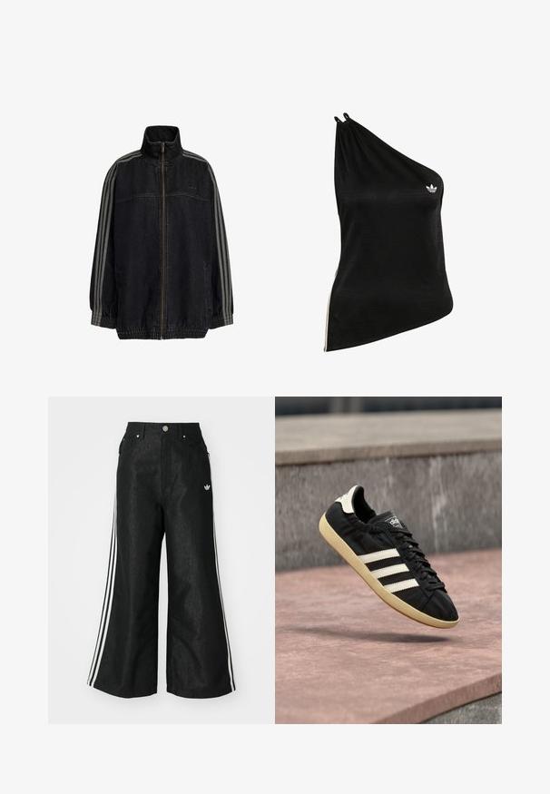 Sort denimjakke med høy krage, frontglidelås, elastiske mansjetter og sidelommer. Har grå stripete detaljer på ermene.; Svart skulderfri topp laget av mykt, glatt stoff med et subtilt geometrisk mønster og en liten hvit logo på brystet.; Sorte vide benbukser med tre hvite striper på hver side og en liten hvit logo. Har frontlommer og knappelukking.; Svart Adidas-sneaker med hvite striper og beige såle, fanget i lufta over en steinflate og steinvegg i bakgrunnen.