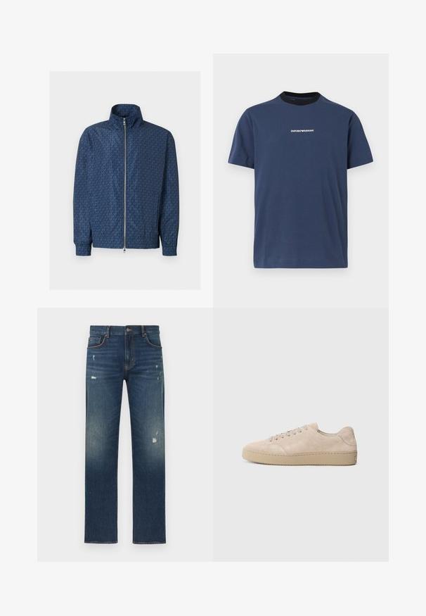 Veste zippée bleu marine avec motif répétitif du logo "MK" sur l'ensemble, col montant, poignets élastiques et double fermeture éclair argentée à l'avant.; T-shirt bleu marine à manches courtes avec col rond noir et petit logo blanc Emporio Armani centré sur la poitrine.; Jean en denim bleu avec une coupe droite, présentant un léger effet usé et décoloré, cinq poches et une fermeture par bouton à la taille.; Baskets en daim beige avec un bout rond, des lacets plats et une semelle en caoutchouc texturé. Design minimaliste avec des bords lisses et des coutures discrètes.