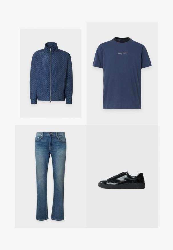 Veste zippée bleu marine avec motif répétitif du logo "MK" sur l'ensemble, col montant, poignets élastiques et double fermeture éclair argentée à l'avant.; T-shirt bleu marine à manches courtes avec col rond noir et petit logo blanc Emporio Armani centré sur la poitrine.; Jean en denim bleu avec une légère patte d'éléphant, fermeture avant par bouton et fermeture éclair, et poches avant et arrière.; Baskets en cuir verni noir avec un bout arrondi, un laçage, une semelle en caoutchouc texturé et une finition lisse.