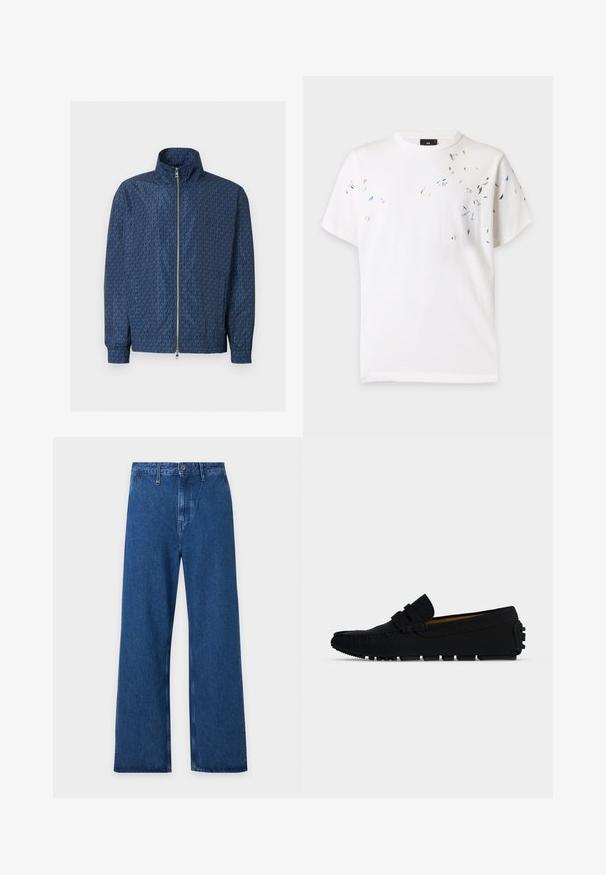 Veste zippée bleu marine avec motif répétitif du logo "MK" sur l'ensemble, col montant, poignets élastiques et double fermeture éclair argentée à l'avant.; T-shirt blanc à manches courtes avec un col rond et de petites éclaboussures de peinture multicolores éparpillées sur le devant et les manches.; Jean bleu à jambes larges avec passants de ceinture, fermeture à boutons et taille haute, présenté à plat sur un fond clair.; Mocassin noir en cuir avec semelle en caoutchouc à reliefs et coutures de mocassin en profil latéral sur fond blanc.