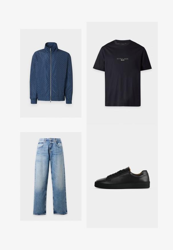 Veste zippée bleu marine avec motif répétitif du logo "MK" sur l'ensemble, col montant, poignets élastiques et double fermeture éclair argentée à l'avant.; T-shirt noir à manches courtes avec col rond, texte "EMPORIO ARMANI MILANO" centré sur la poitrine en petite police blanche.; Jean en denim bleu clair à jambes larges avec poches avant, passants de ceinture et fermeture par bouton sur un fond uni.; Basket basse en cuir noir avec lacets noirs, semelle en caoutchouc texturée et petit logo embossé sur le côté, présenté de profil sur fond gris.