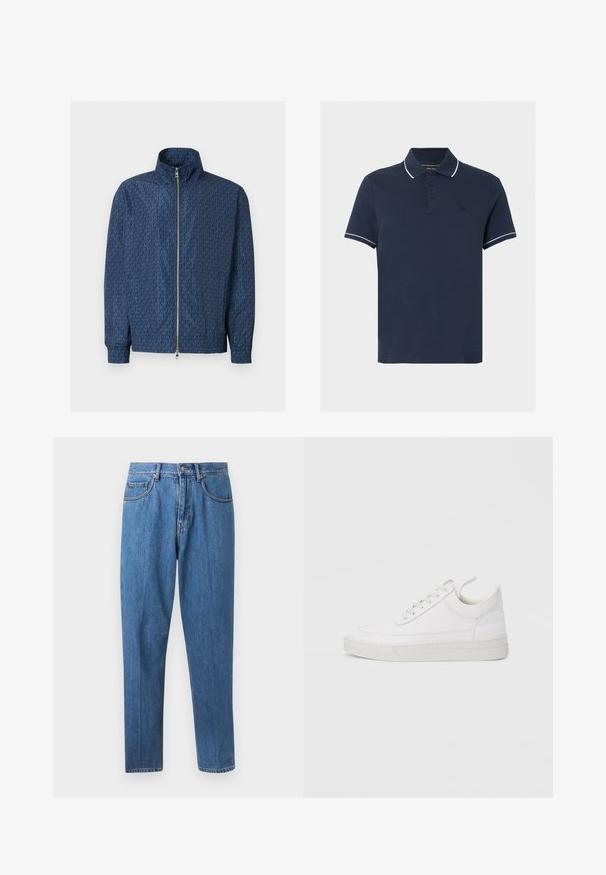 Veste zippée bleu marine avec motif répétitif du logo "MK" sur l'ensemble, col montant, poignets élastiques et double fermeture éclair argentée à l'avant.; Polo bleu marine à manches courtes avec bordure blanche sur le col et les bords des manches, patte de boutonnage à trois boutons et logo discret sur la poitrine.; Jean droit en denim bleu avec fermeture à boutons et zip, poches avant et passants de ceinture, présenté sur fond blanc.; Baskets en cuir blanc avec un embout arrondi, une semelle plate et un laçage à l'avant. Présentent des détails de couture et un col rembourré pour plus de confort.