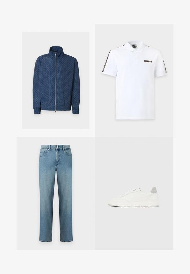 Veste zippée bleu marine avec motif répétitif du logo "MK" sur l'ensemble, col montant, poignets élastiques et double fermeture éclair argentée à l'avant.; Polo blanc à manches courtes avec col, trois boutons, écusson logo noir sur la poitrine et bandes noires siglées le long des épaules et des manches.; Jean en denim bleu clair à coupe droite, avec cinq poches et une fermeture par bouton à la taille. Détails de couture le long des coutures.; Baskets basses blanches avec un onglet de talon gris, des lacets blancs et une semelle texturée, présentées sur un fond uni clair.